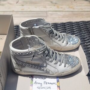 Golden Goose Classic Slides White/Ice/Silver Glitter Metal Studs Size 38 *RARE*